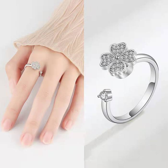 Sweet Four Leaf Clover Star Daisy Copper Inlay Zircon Open Ring