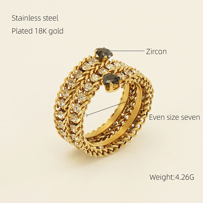 Elegant Shiny Round Stainless Steel Plating Inlay Rhinestones Zircon 18K Gold Plated Wide Band Ring