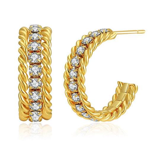 Retro C-shaped Inlaid Zircon 18K Gold Copper Earrings