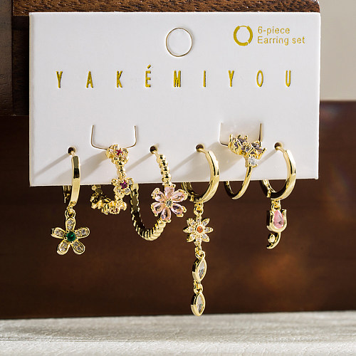 1 Set Yakemiyou Simple Style Heart Shape Flower Asymmetrical Copper Zircon 14K Gold Plated Earrings