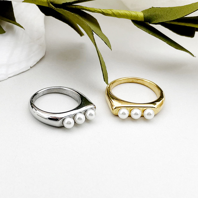 Vacation Solid Color Stainless Steel Artificial Pearls Rings In Bulk