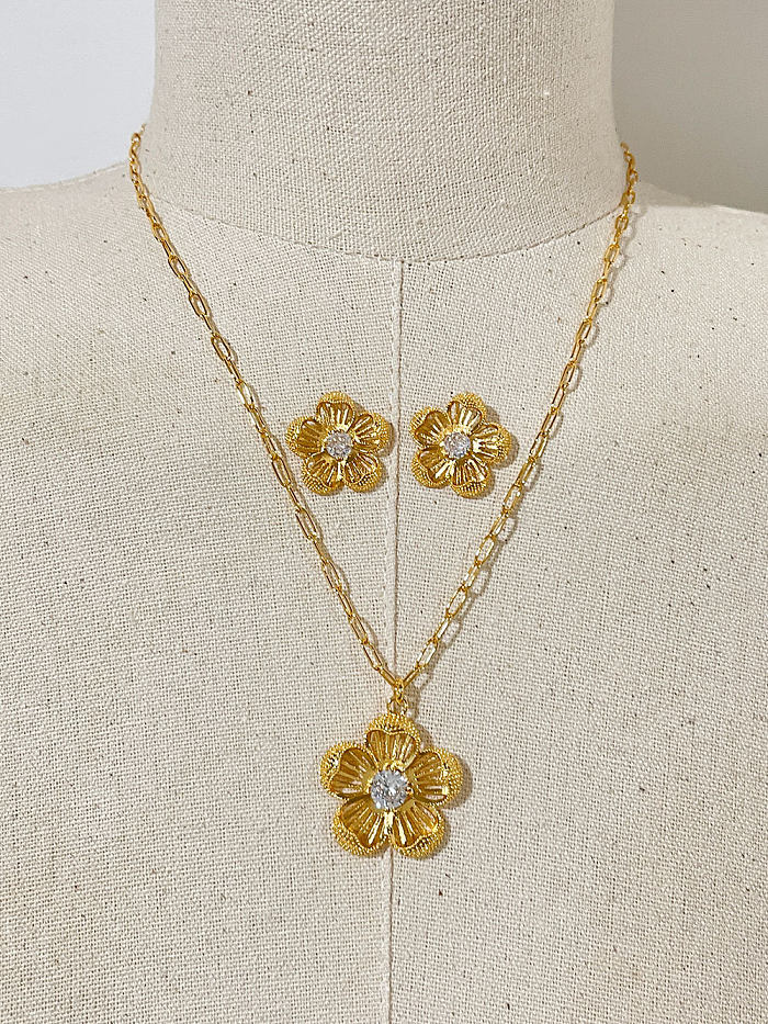 Elegant Flower Copper Plating Inlay Zircon Earrings Necklace