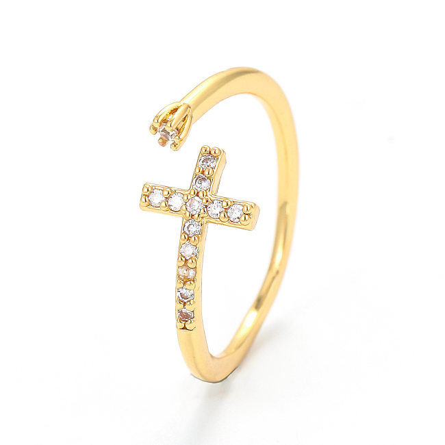 Moda simples cruz aberta incrustada zircão anel de cobre joias por atacado