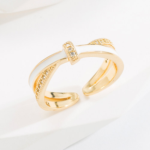 1 Piece Simple Style Cross Copper Enamel Plating Inlay Zircon Open Ring