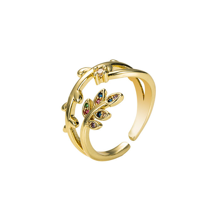 Korean Flowers Leaves Pure Copper Micro Inlaid Color Zircon Couple Ring