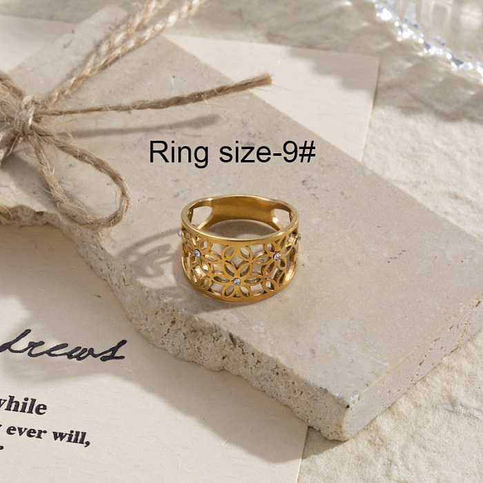 IG Style Geometric Flower Stainless Steel 18K Gold Plated Rhinestones Rings In Bulk