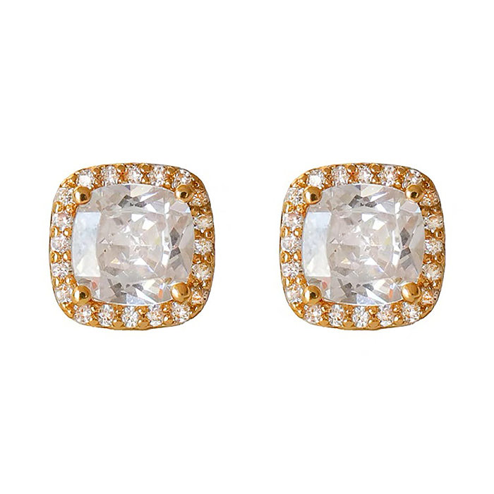 1 Pair Simple Style Square Plating Copper Zircon 14K Gold Plated Ear Studs