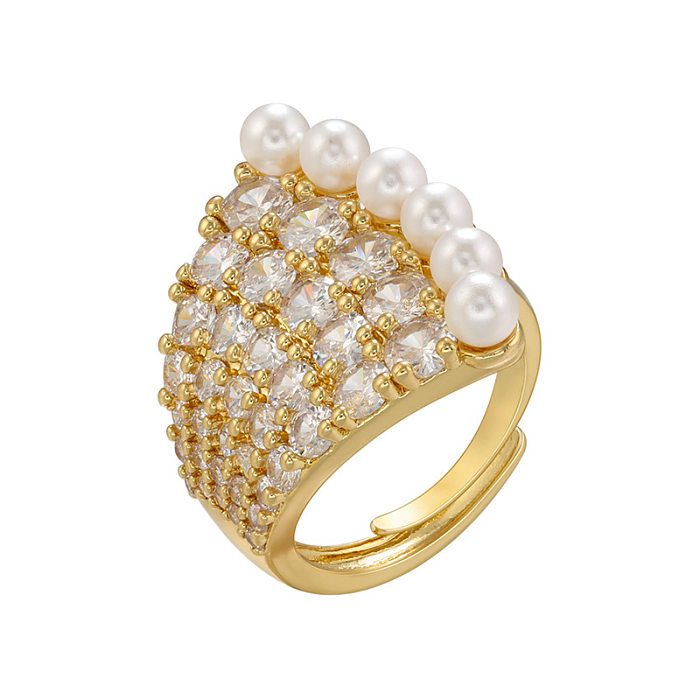1 Piece Fashion Sector Copper Plating Inlay Pearl Zircon Open Ring
