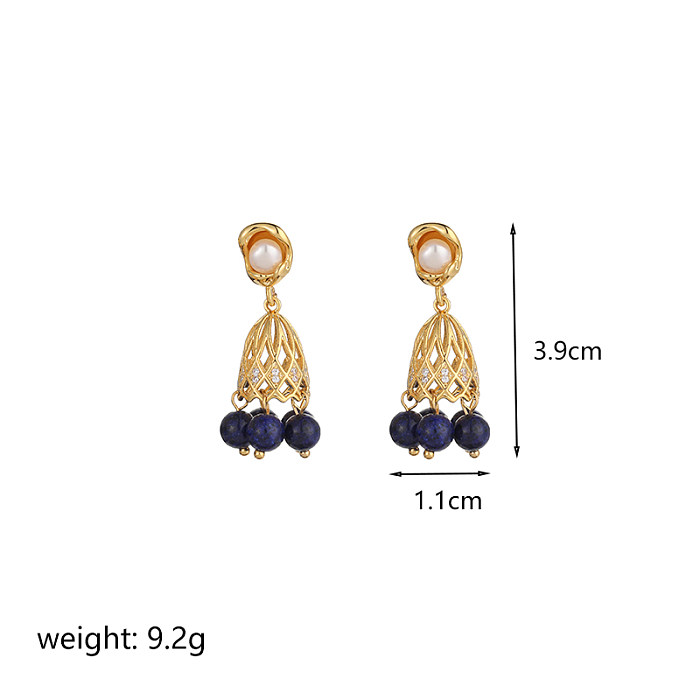 1 Pair Fairy Style Princess Commute Wind Chimes Plating Hollow Out Inlay Copper Natural Stone Freshwater Pearl Zircon 18K Gold Plated Drop Earrings
