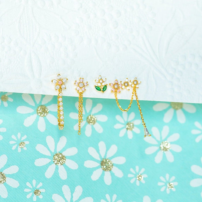 Fashion Flower Chain Pearl Alloy Earrings Set Five-Piece