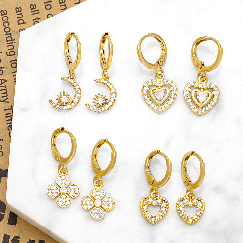 1 Pair IG Style Shiny Moon Heart Shape Flower Plating Inlay Copper Zircon 18K Gold Plated Drop Earrings