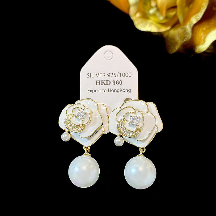 1 paire de boucles d'oreilles élégantes, Style Simple, incrustation de fleurs en émail, perles de cuivre et Zircon