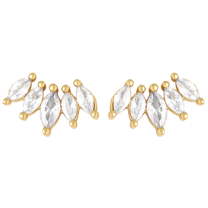 1 Pair Basic Leaf Inlay Copper Zircon 18K Gold Plated Ear Studs