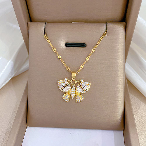 Fashion Butterfly Titanium Steel Copper Inlay Artificial Diamond Pendant Necklace