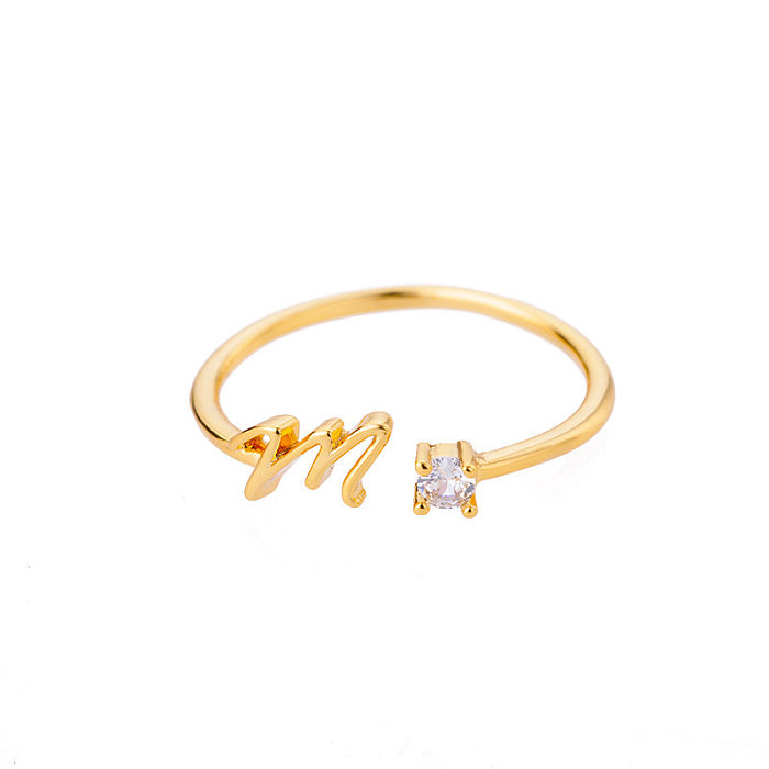 IG Style Simple Style Letter Copper Plating Inlay Zircon 18K Gold Plated Open Ring