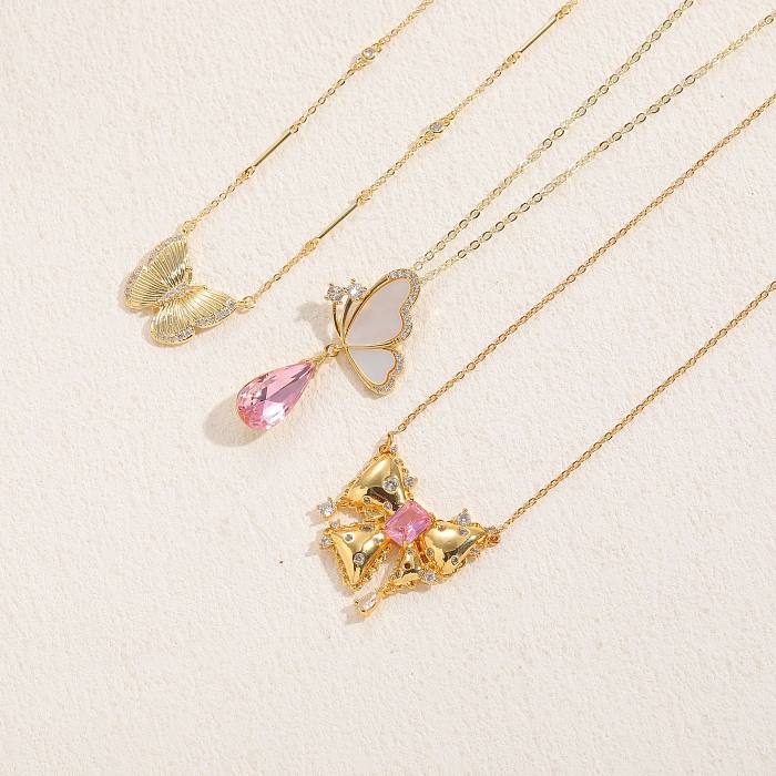 Casual Lady Butterfly Bow Knot Stainless Steel Copper 14K Gold Plated Shell Zircon Pendant Necklace In Bulk