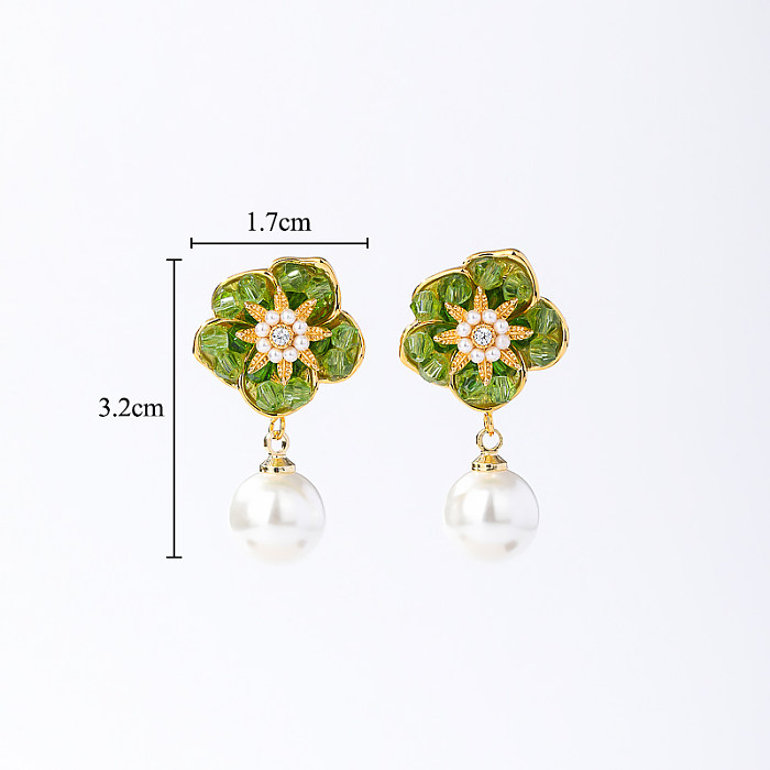 1 Pair Glam Luxurious Commute Heart Shape Flower Epoxy Plating Inlay Imitation Pearl Copper Artificial Crystal 18K Gold Plated Earrings