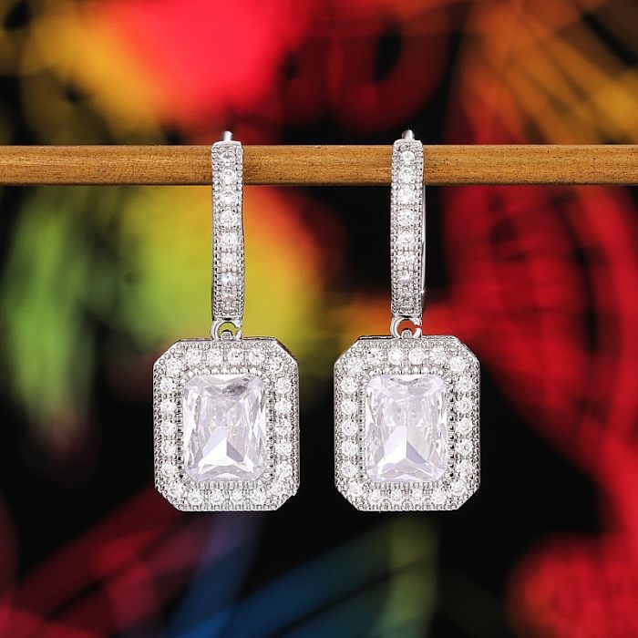 1 Pair Classic Style Square Inlay Copper Zircon Earrings