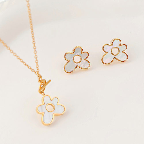 Simple Style Flower Titanium Steel Plating 18K Gold Plated Earrings Necklace