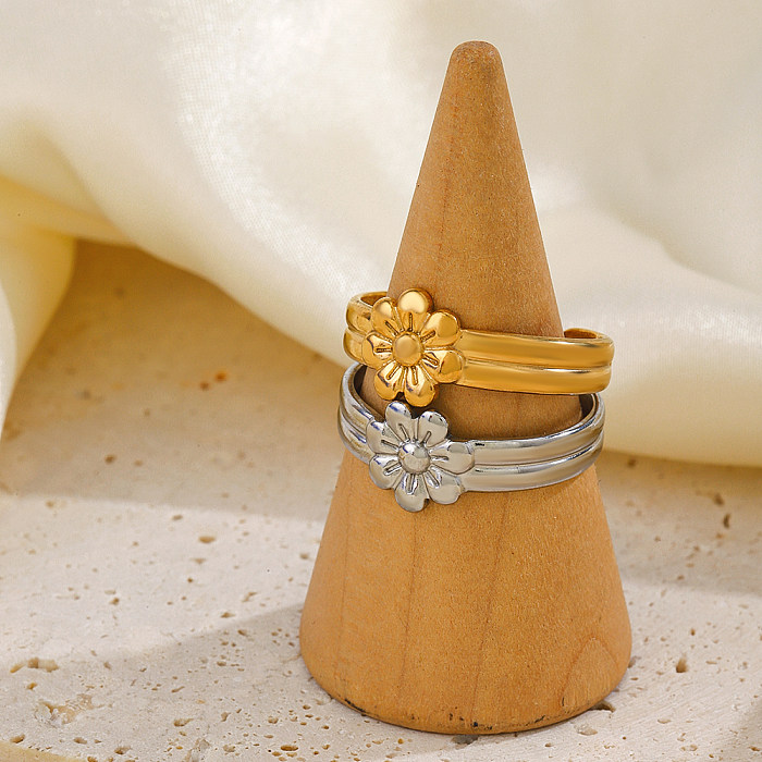 Anillos abiertos chapados en oro de 18K con revestimiento de acero inoxidable con flor de estilo simple