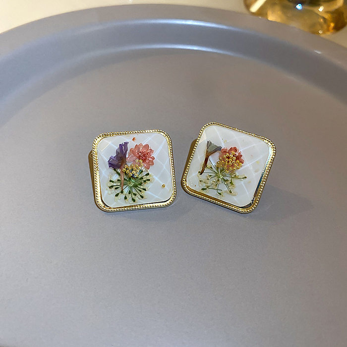 1 Pair Retro Geometric Flower Copper Inlay Rhinestones Pearl Drop Earrings