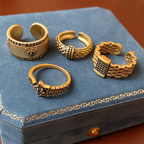 Offener Ring im französischen Retro-Stil mit Stern und Herzform, Kupferbeschichtung und Inlay aus Zirkon
