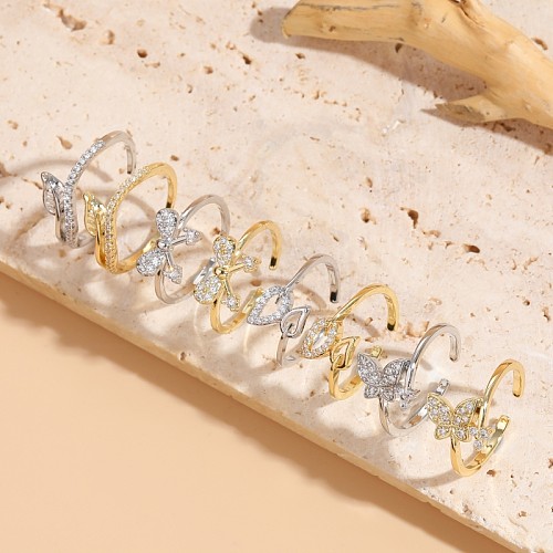 Eleganter offener Ring mit Blatt-Schmetterlings-Schleifenknoten, Kupfer-Inlay und Zirkon-14-Karat-Vergoldung