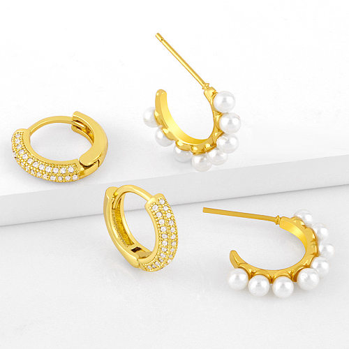 Fashion Pearl C-shaped Copper Inlaid Zircon Earrings Wholesale