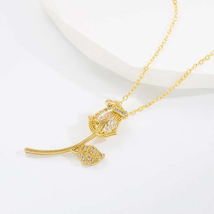 Fashion Heart Shape Flower Copper Gold Plated Zircon Pendant Necklace 1 Piece