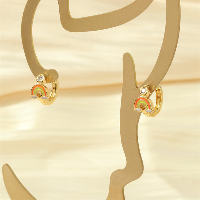 1 par de pendientes chapados en oro de 18K con incrustaciones de esmalte de ojo de diablo arcoíris de estilo Simple
