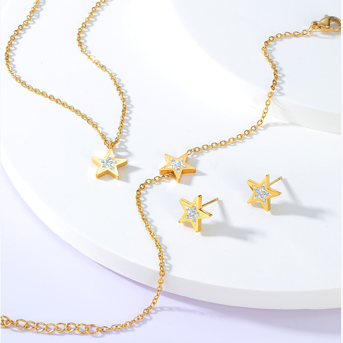 Fashion Star Stainless Steel Electroplated 18K Gold Zircon Ear Studs Bracelet Necklace Set