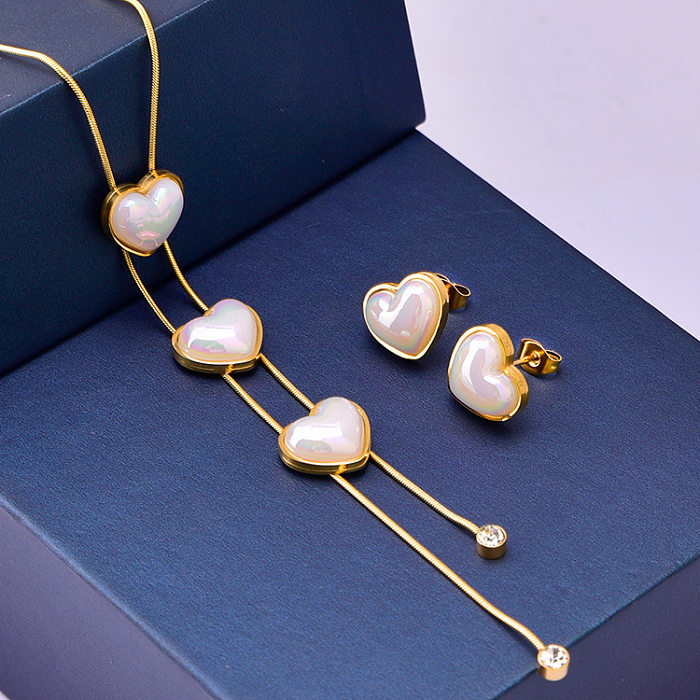 1 Set Elegant Heart Shape Titanium Steel Inlay Artificial Pearls Earrings Necklace