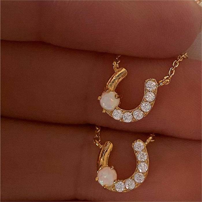 Retro U Shape Horseshoe Copper Gold Plated Opal Zircon Pendant Necklace In Bulk