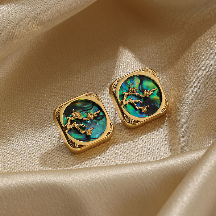 1 Pair Retro Square Plating Inlay Copper Shell 18K Gold Plated Ear Studs