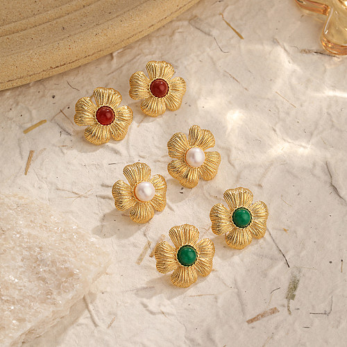 1 Paar Ohrstecker im schlichten Vintage-Stil mit Blumenüberzug, Inlay, Kupferkristall, Süßwasserperle, 14 Karat vergoldet