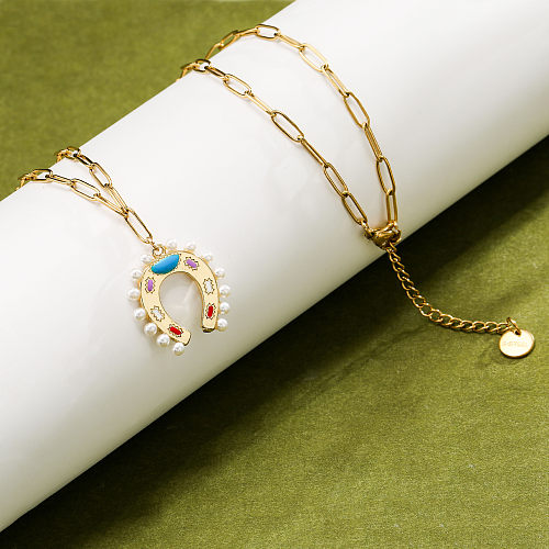 Hufeisenförmige Halskette mit buntem Öltropfen-Perlenanhänger aus Edelstahl