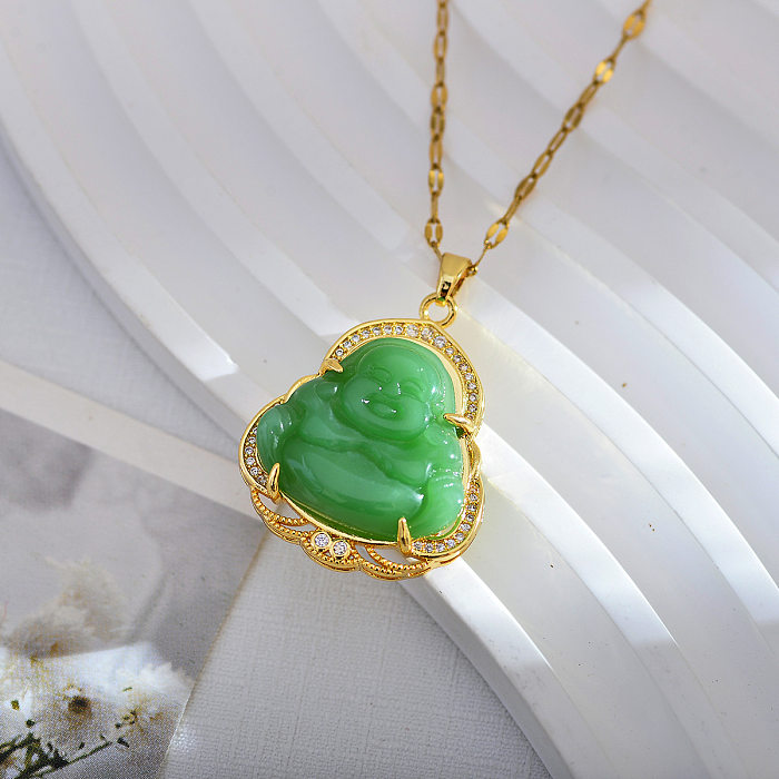 Schlichter Stil Buddha-Halskette mit Anhänger aus Titanstahl, verkupfert, Inlay und Opal