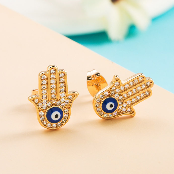 Fashion Copper Micro-set Color Zircon Fatima Palm Earrings Devil's Eye Earrings