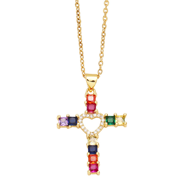 Elegant Streetwear Cross Heart Shape Copper 18K Gold Plated Zircon Pendant Necklace In Bulk