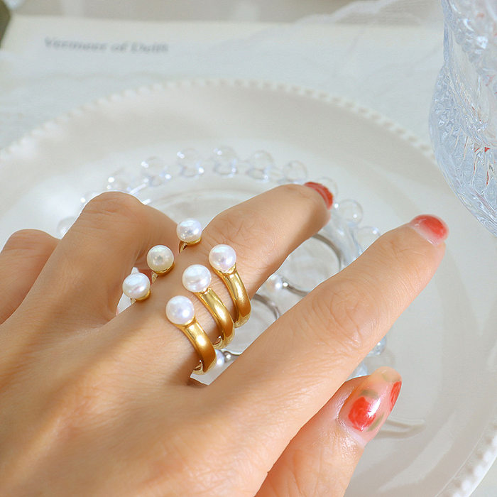 Anillos geométricos del acero inoxidable del estilo simple de las mujeres que platean los anillos del acero inoxidable de las perlas artificiales