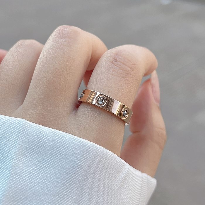 Simple Style Commute Solid Color Titanium Steel Plating Inlay Zircon Rings