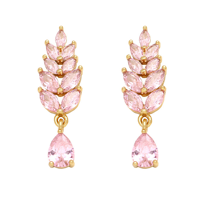 1 Pair Shiny Leaf Water Droplets Copper Plating Inlay Zircon 18K Gold Plated Drop Earrings