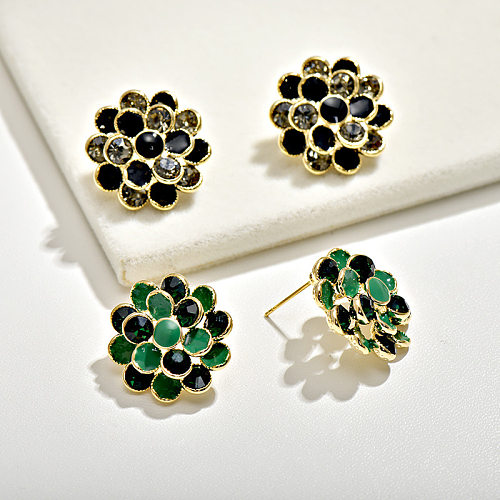 1 par de pendientes de diamantes de imitación de cobre con incrustaciones de flores de estilo Simple