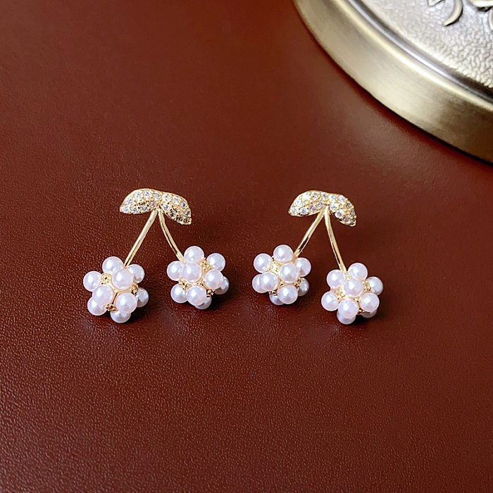 1 Pair Lady Heart Shape Flower Plating Inlay Copper Artificial Pearls Drop Earrings Ear Studs