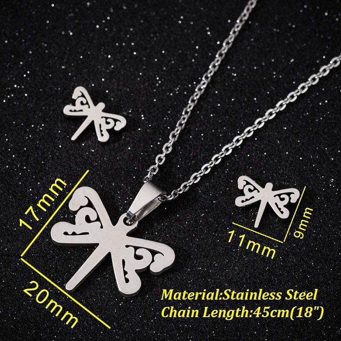 Fashion Heart Shape Butterfly Stainless Steel Plating Earrings Necklace 1 Set