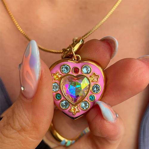 Simple Style Heart Shape Copper Rhinestones Pendant Necklace In Bulk