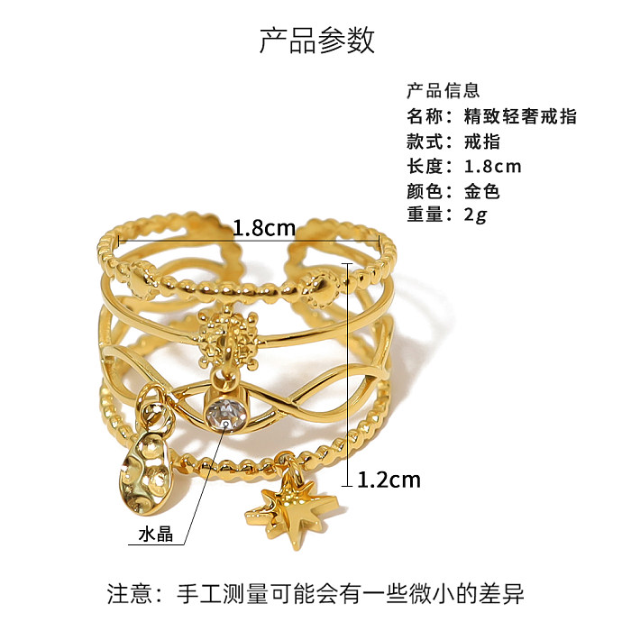 IG Estilo Retro Estilo Francês Hexagrama Chapeamento de Aço Inoxidável Inlay Zircão Anéis Abertos Banhados a Ouro 18K