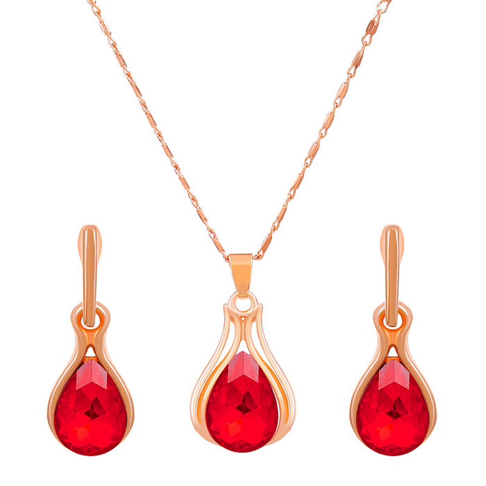 1 Set Fashion Oval Water Droplets Copper Inlay Artificial Rhinestones Zircon Women'S Earrings Necklace