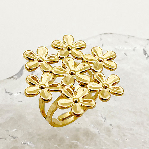 Anéis abertos banhados a ouro com chapeamento de aço inoxidável de flor doce elegante
