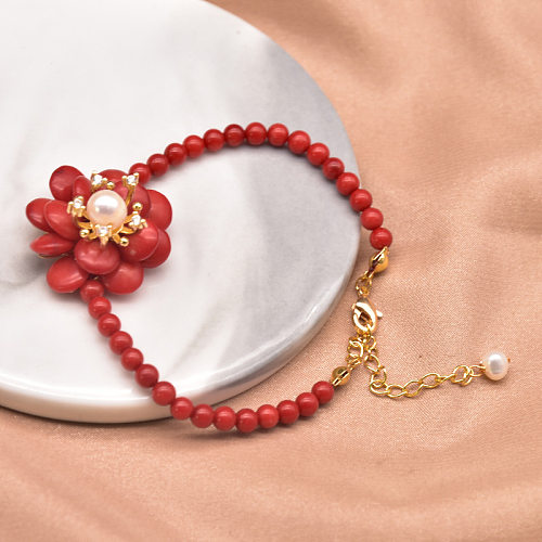 Elegantes Retro-Schmuckset mit Blumen-Kupfer-Perlenbeschichtung, Korallenperle und 18 Karat vergoldetem Schmuckset